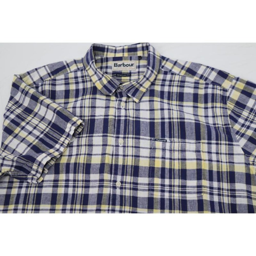 Barbour Shirt Mens Large Regular Fit Plaid Short Sleeve Linen Cotton Button Up